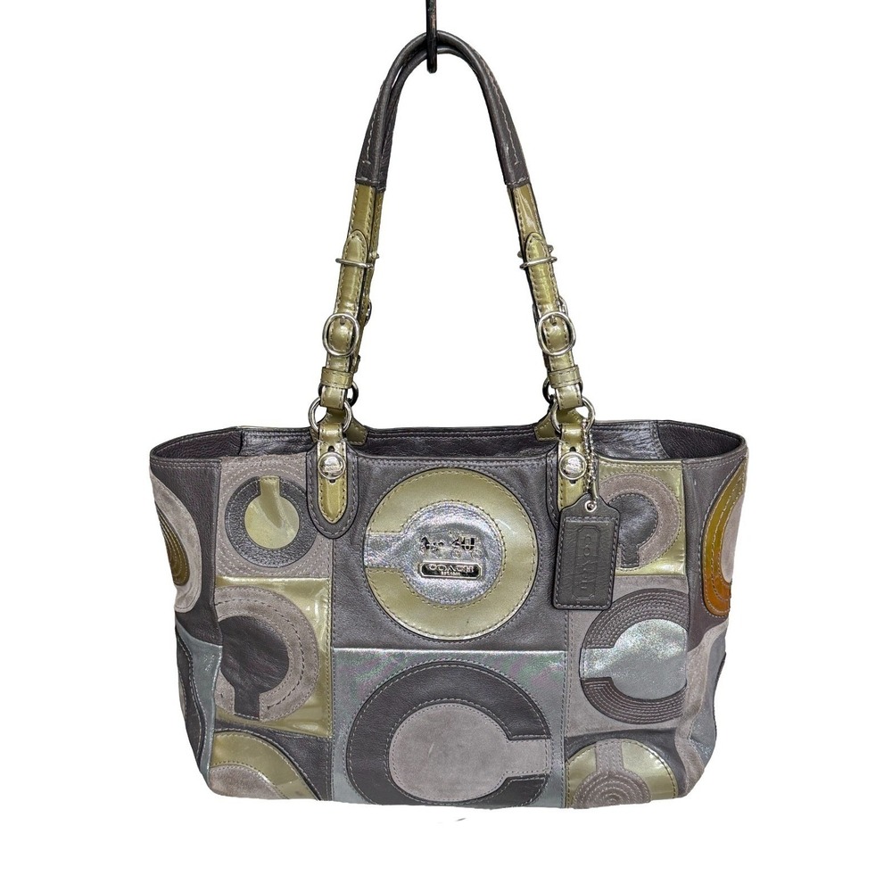 Coach Authentic Mia Patchwork Tote Bag C Gray Silver Green Leather Suede Purse
